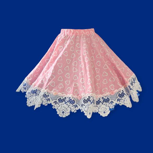 Heart Print Pink Square Dancing Skirt - Cream Lace and Ribbon flowers - Picture 1 of 8